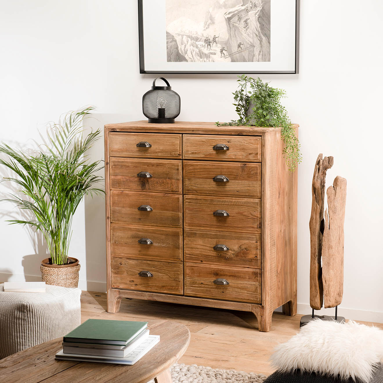 Macabane Meuble 2 tiroirs 2 portes avec tiroirs Sandy bois naturel  - 105x48x113 cm
