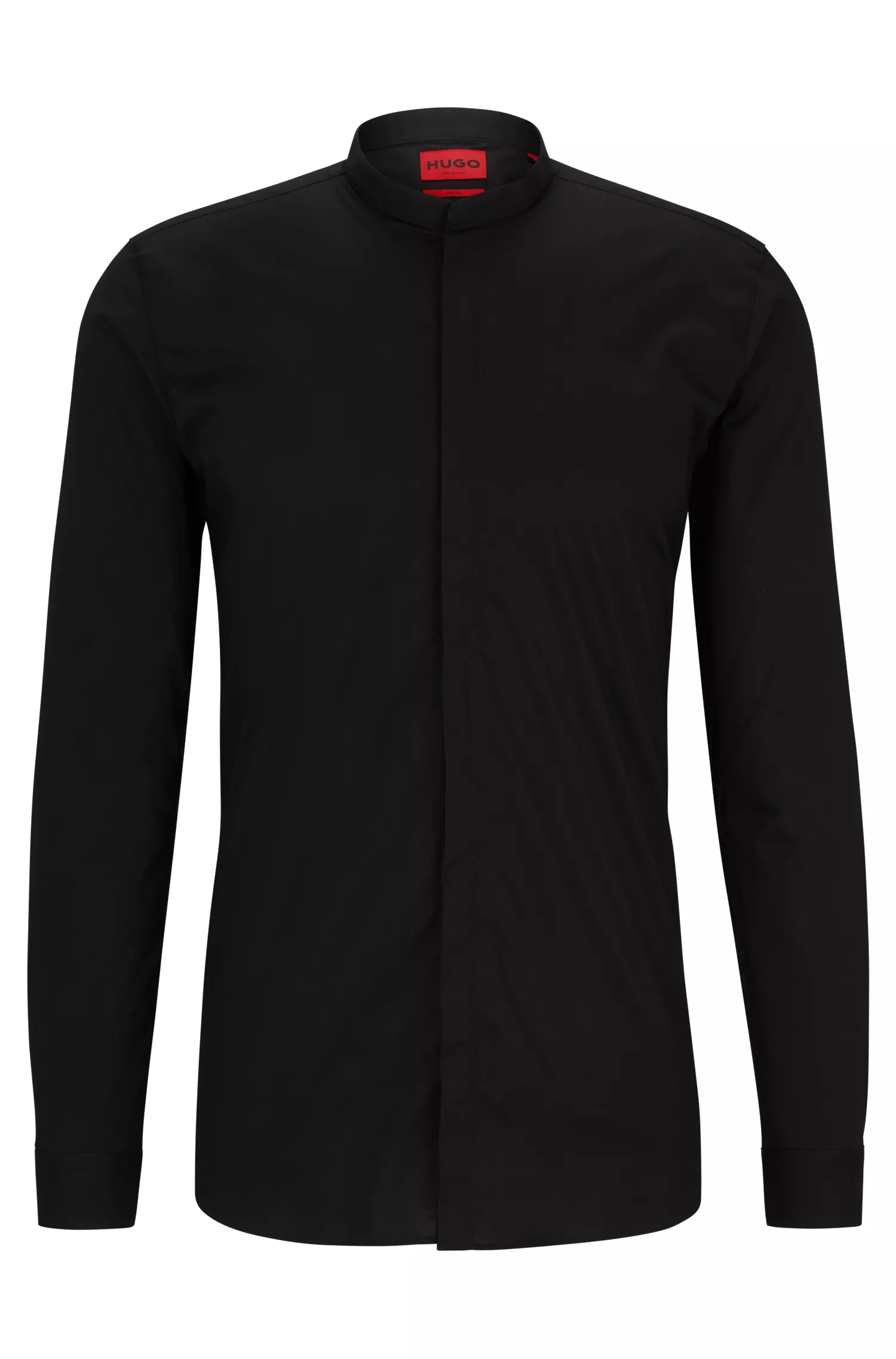 Camisa HUGO vermelha, extra slim fit, em algodão elástico com gola alta.
