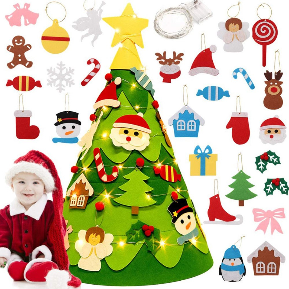 (30-tlg. Set) 75x48cm Kinder Spielzeug Christmas Tannenbaum Deko Filz Weihnachtsbaum   Deko Figuren   LED Lichterkette