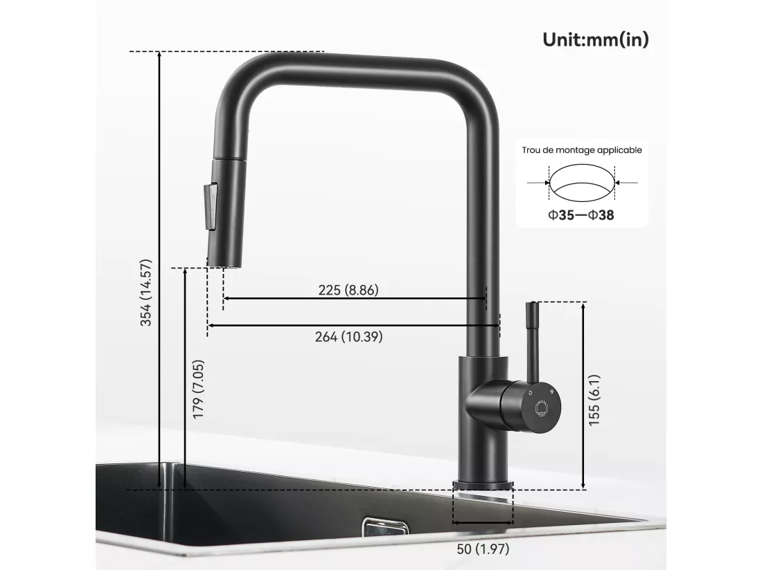 Cecipa MAX Evier 1 Bac 50x45cm Evier en Quartz et Résine Evier à Encastrer + Mitigeur avec Douchette Extractible, Noir