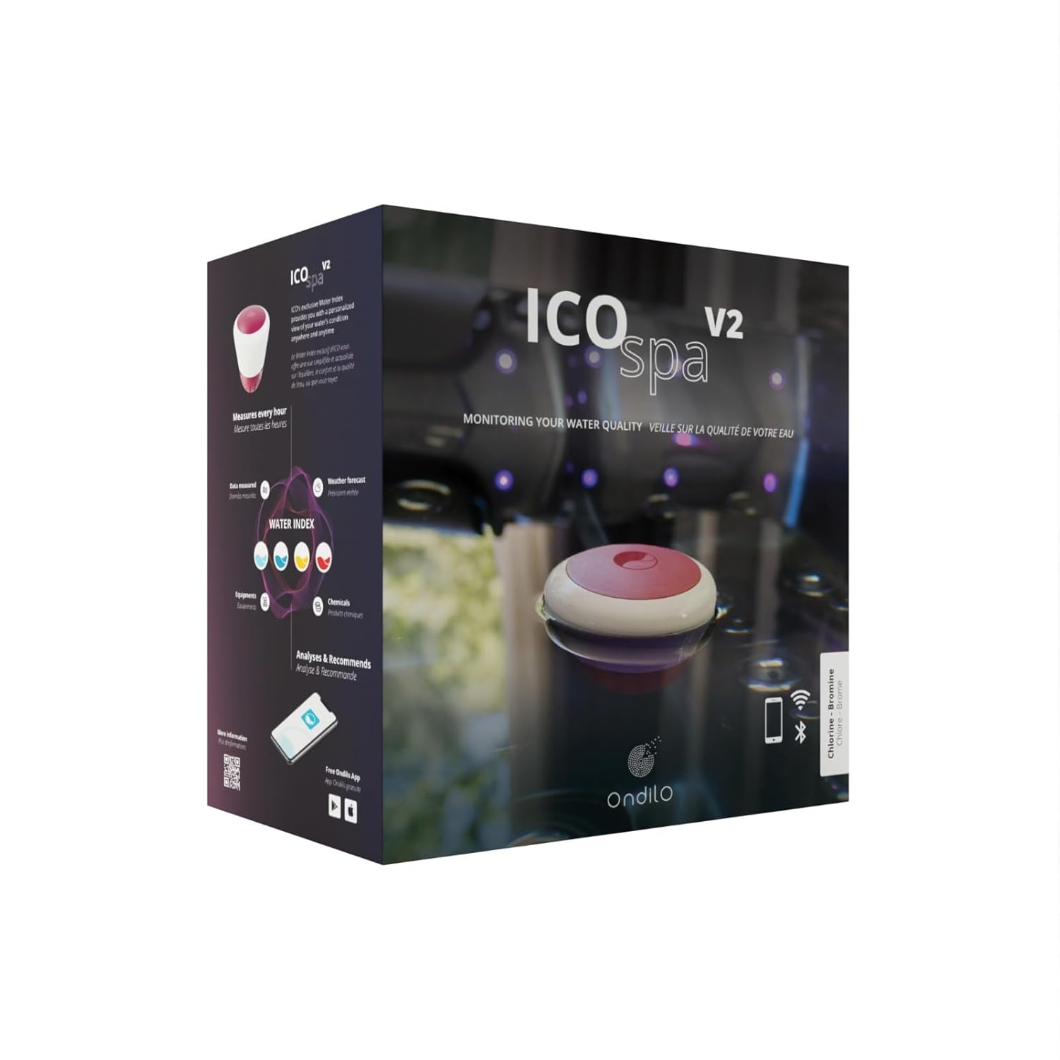 ICO Spa V2 Chlorine Bromine – Angeschlossener Wasseranalysator für mit Chlor oder Brom behandelte Spas – Misst einmal pro Stunde pH, ORP und Wassertemperatur – Empfehlungen auf dem Smartphone