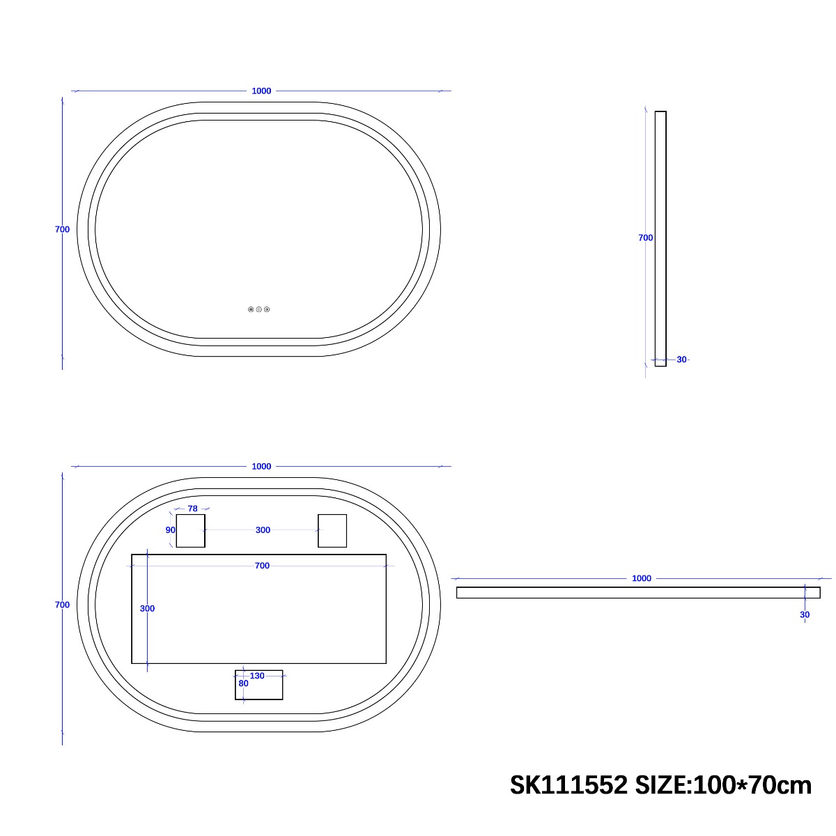 Saniclear Triova ovale spiegel 100x70cm met verwarming, directe en indirecte verlichting