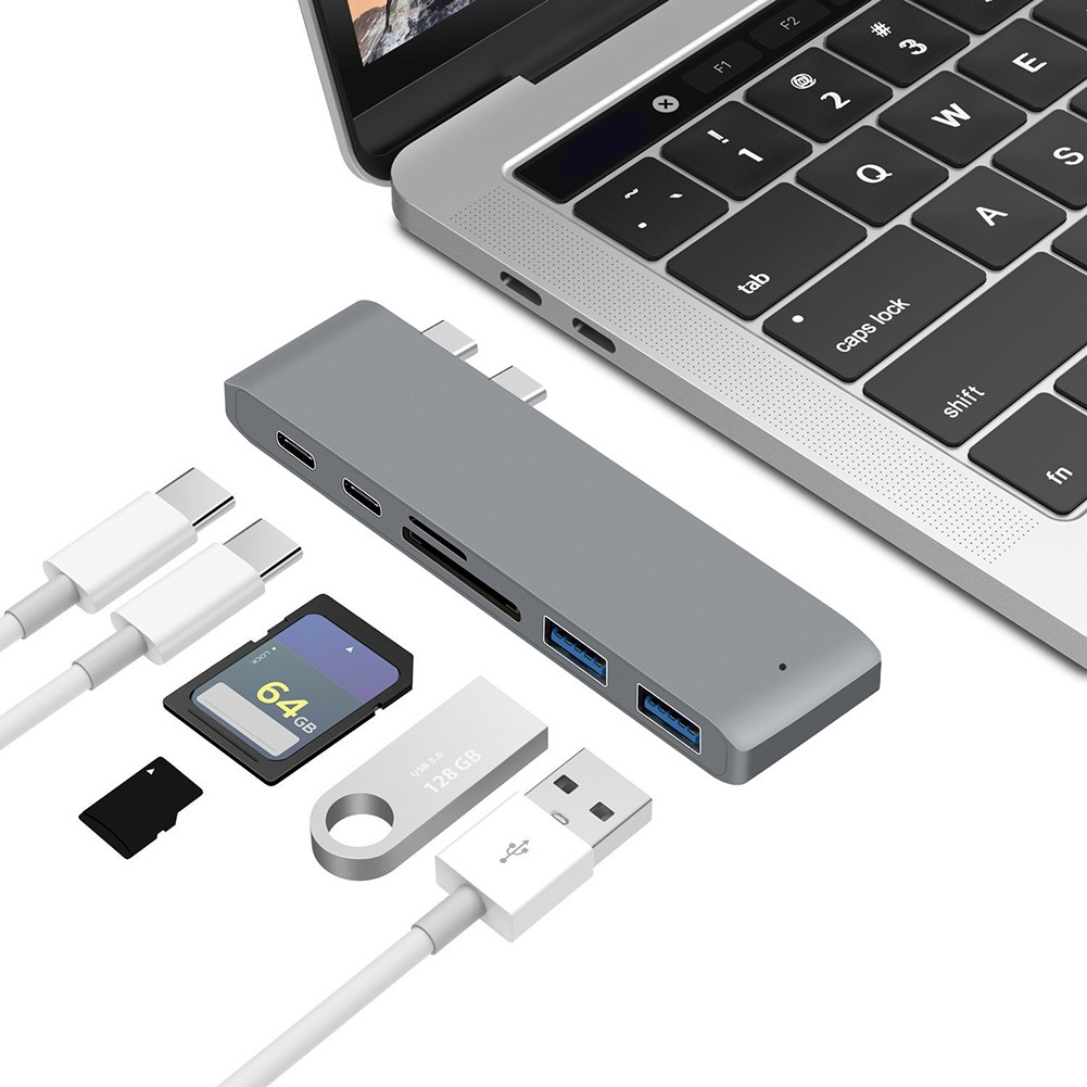 USB C Multiport Hub mit 2x USB C / 2x USB 3.0 Anschluss / Micro SD und SD Kartenlesegerät Apple MacBook Pro / Air - Dunkelgrau (Space Grau)