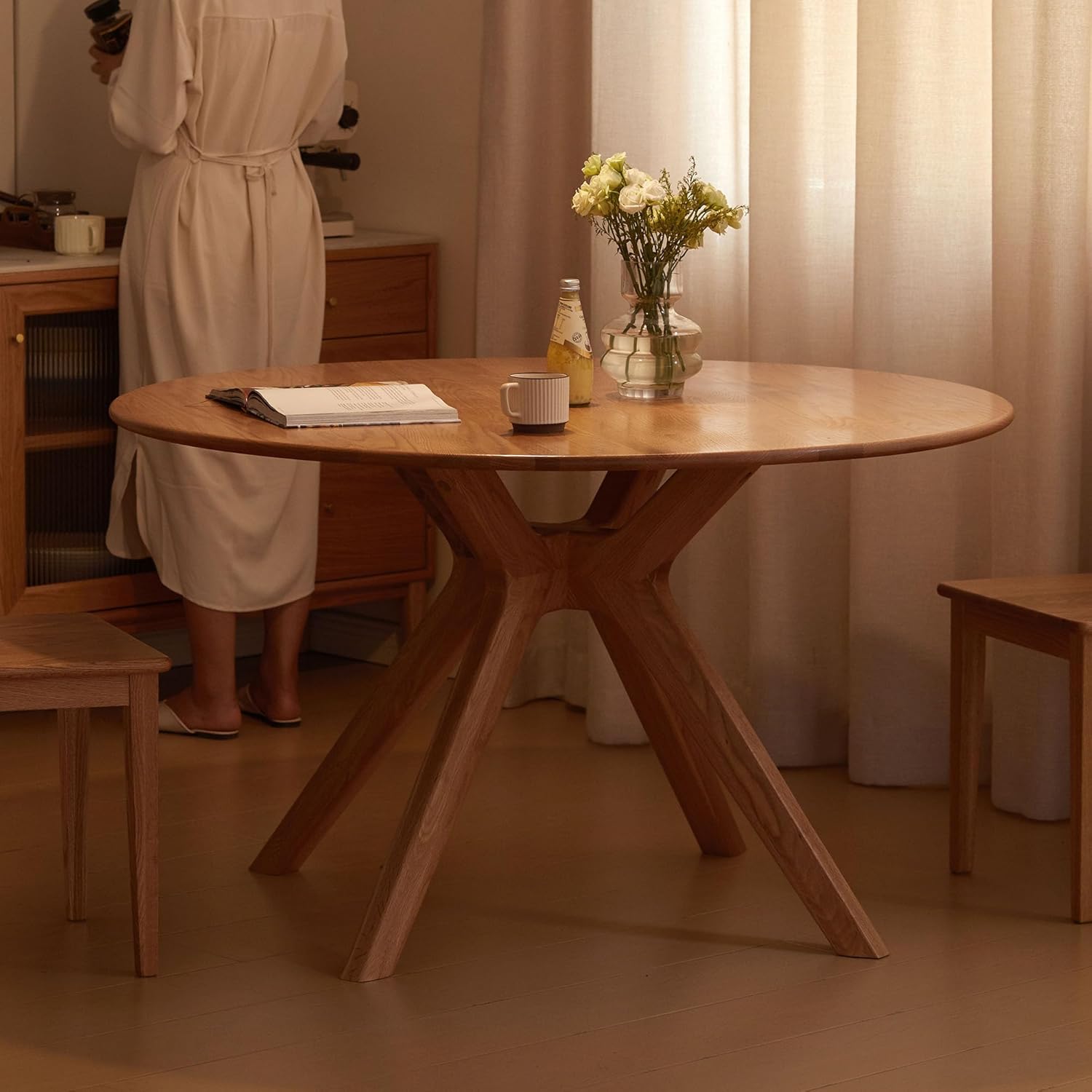 YESWOOD Massivholz Esstisch aus Eiche, runder Tisch 120 cm, 0 Furnier, moderner Küchentisch, runder Esszimmertisch, stabil, Dining Tables für 4-6 Personen, 120x120x74,8 cm, Naturfarbe