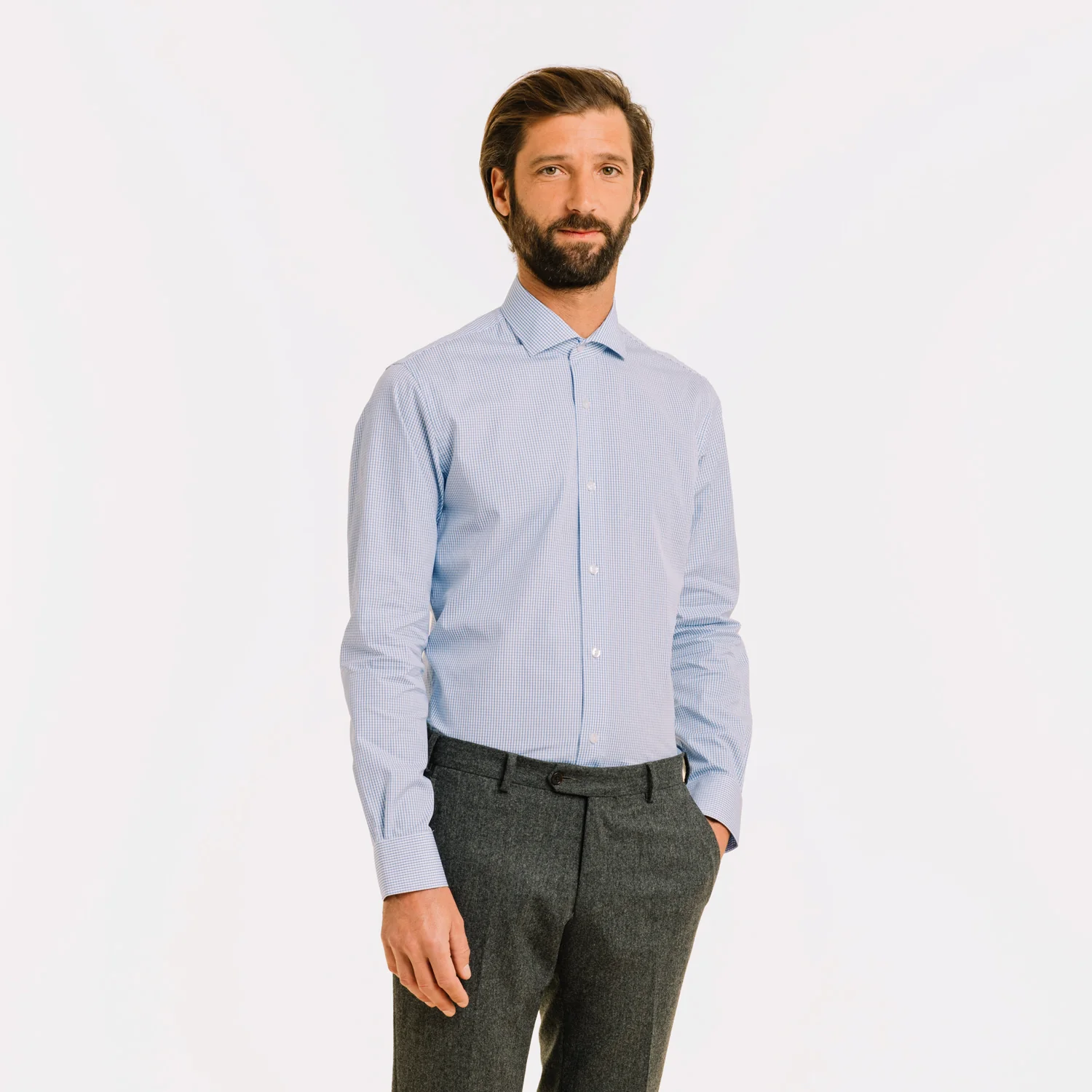 Dark blue double-twisted checked poplin shirt