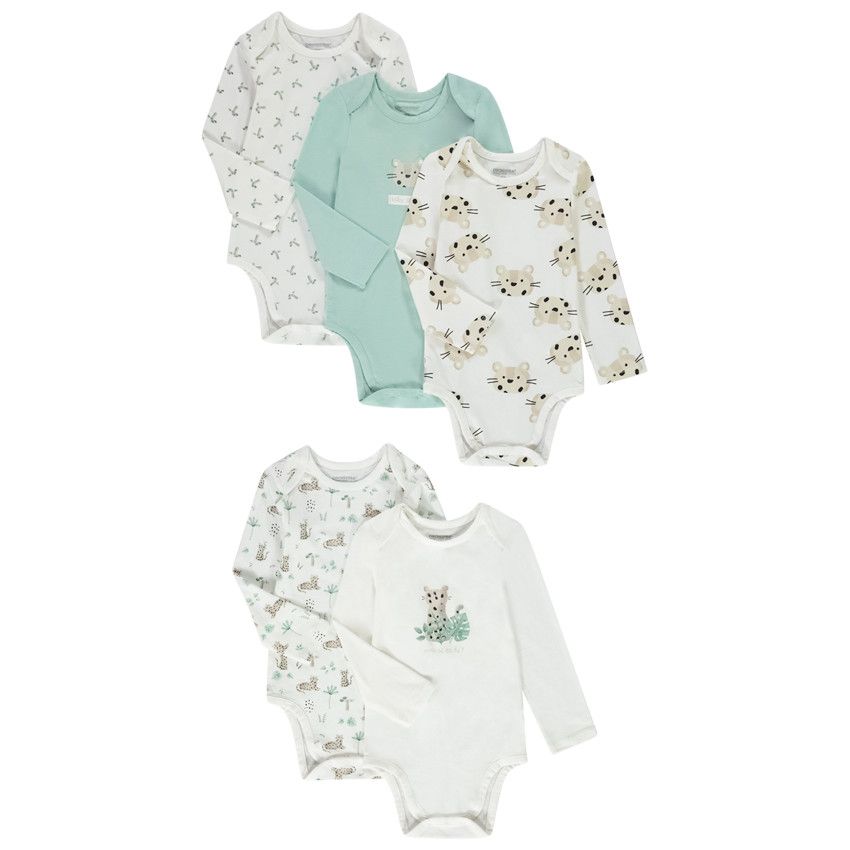Lot de 5 bodies manches longues motifs léopard pour bébé garçon avec ouvertures différentes selon l'âge - Ecru