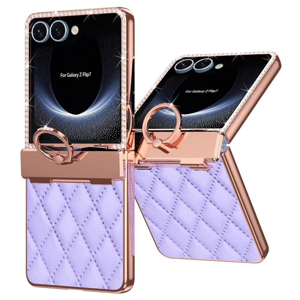 Samsung Galaxy Z Flip7 Hardcase Hülle Finger Griff Ring Halterung Glitzer Design   Scharnier Design - Lila / Roségold