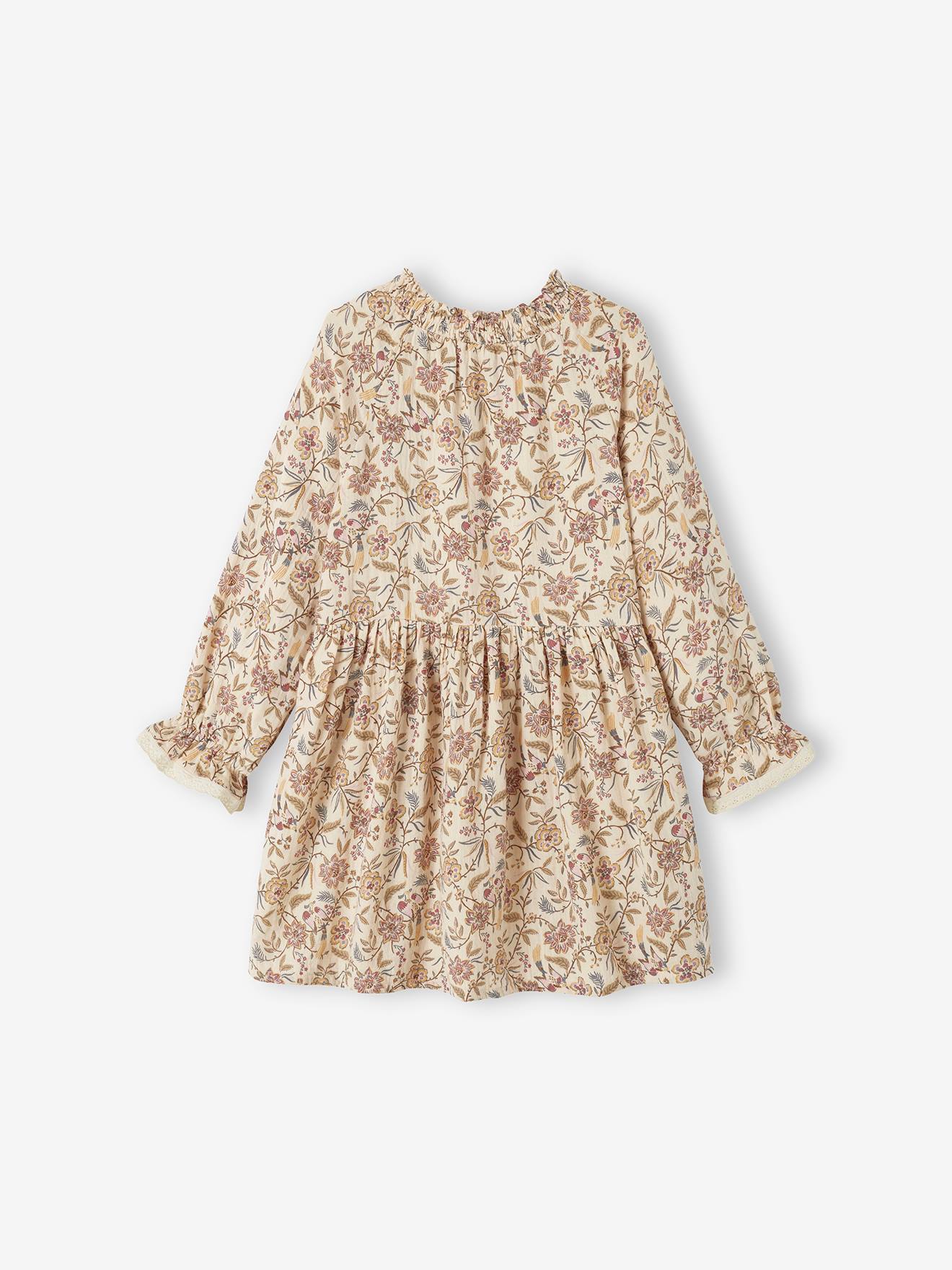 Vestido bege de chiffon de algodão com estampa floral para meninas
