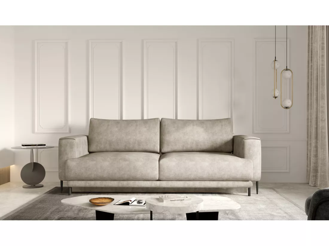 Canapé convertible design 4 places tissu vintage effet cuir beige et pieds métal noir Arkia 260cm