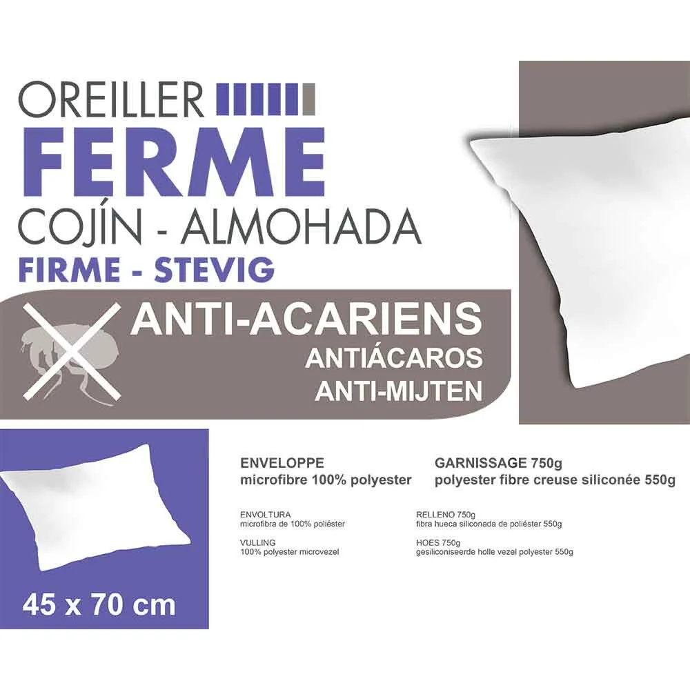 Oreiller ferme anti acariens polyester blanc 45x70 cm