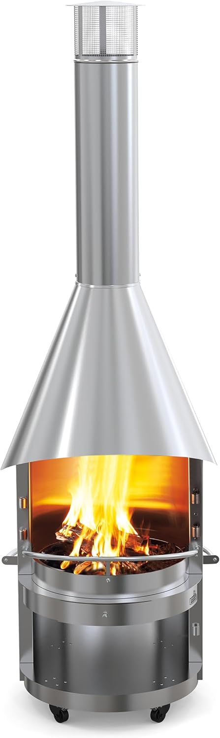 asado® Garten-Grillkamin | Fuego ES | Ø70 x (H) 226 cm | Edelstahl | Silber | Edelstahl Grillrost Ø 46cm | Feuerstelle | Terrassenofen | Garten | Ofen | Design