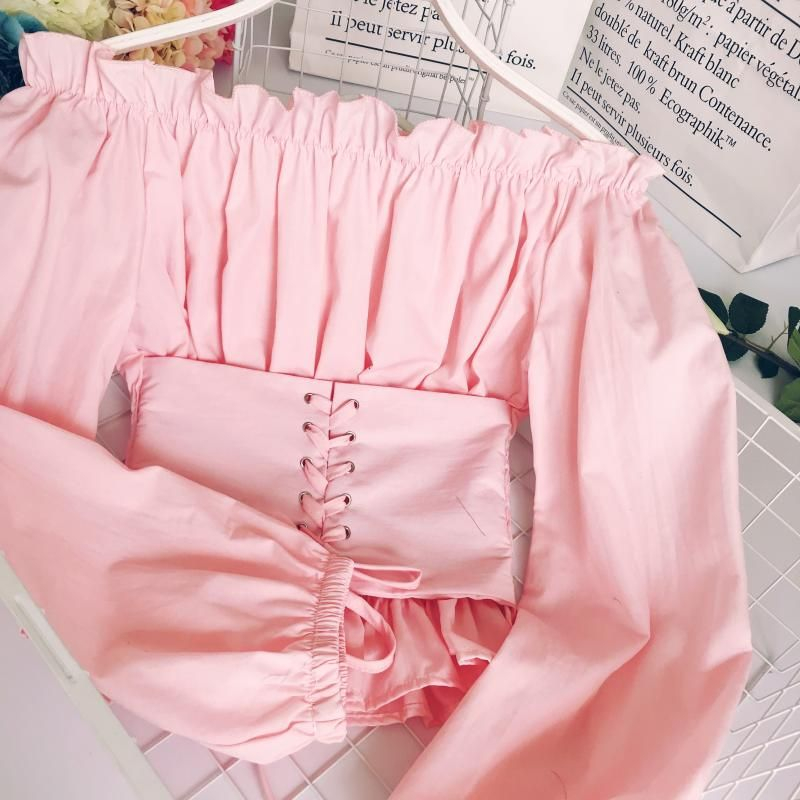 Lucuna - Blouse met lange mouwen, off-shoulder ruches en vetersluiting