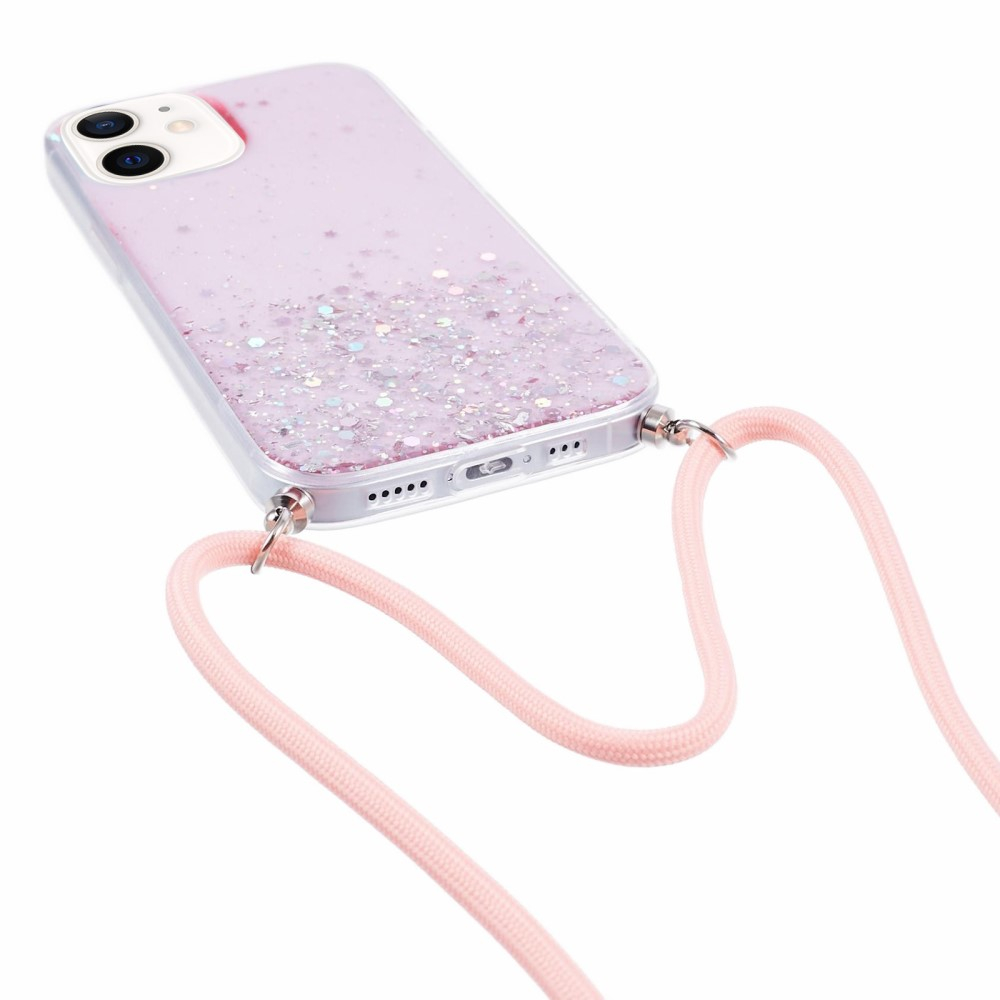 iPhone 12 / iPhone 12 Pro Necklace Gummi Hülle im Glitzer Design   Handykette (140cm) - Rosa / Transparent
