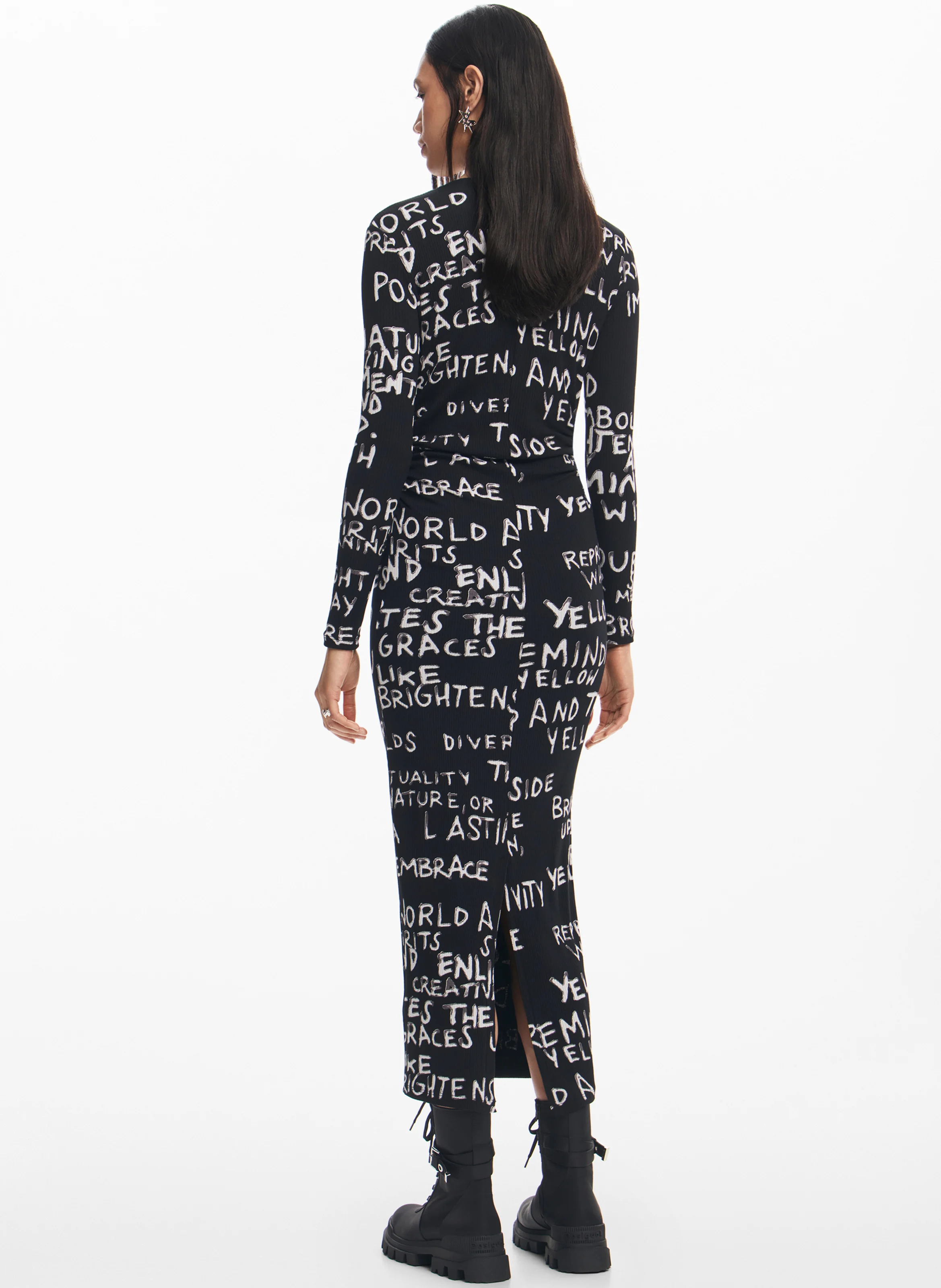Robe longue col rond imprimée | Noir