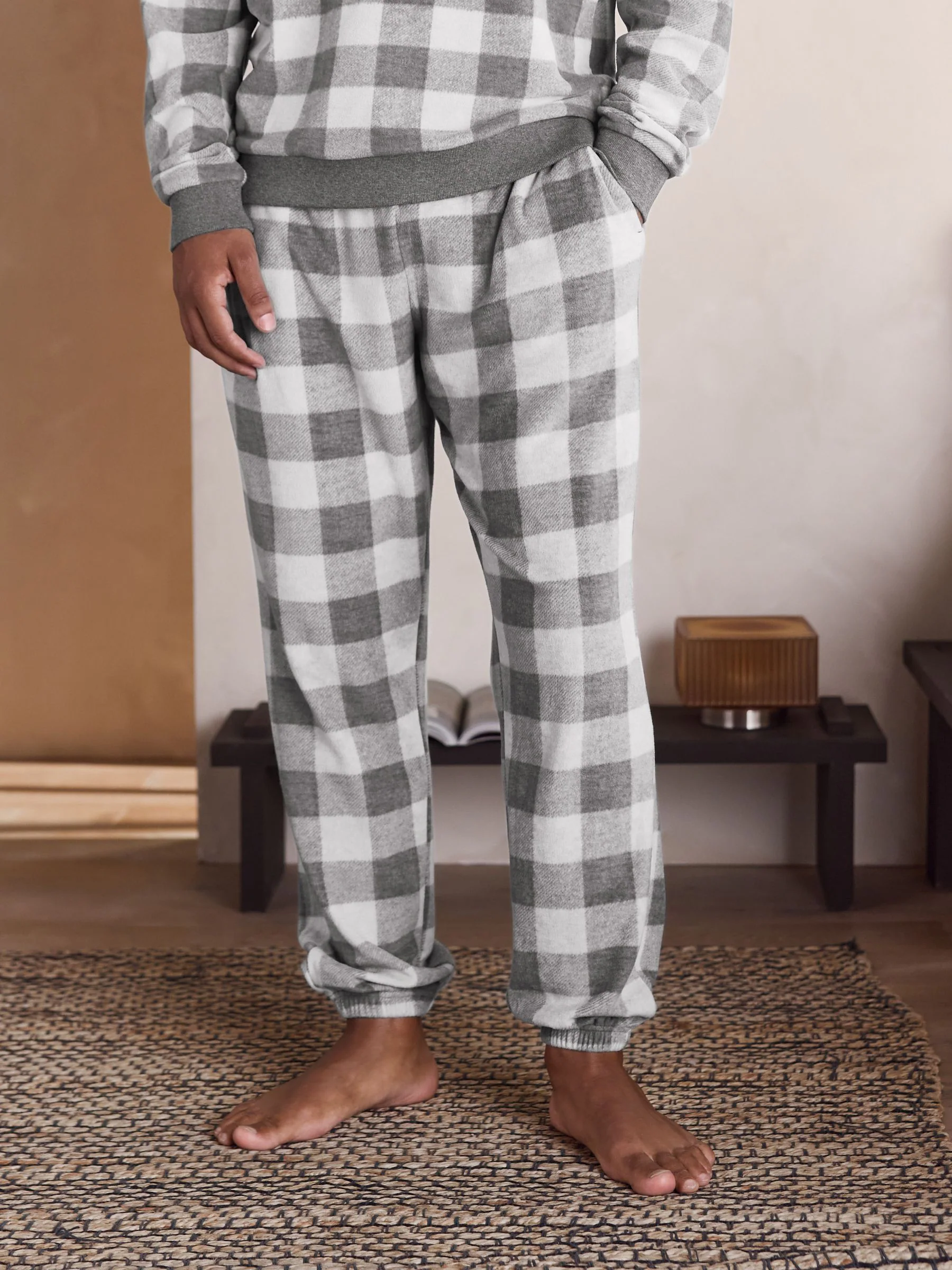 Grijs - Check Fleece Cuffed Bottom Jersey Pyjamas Set