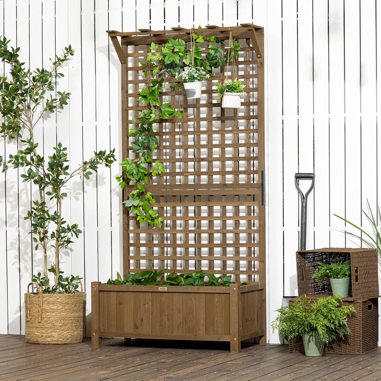 Outsunny Hochbeet Pflanzkasten mit Rankgitter, Spalier Pflanzkübel Blumenkasten Holz, Gartenspalier 90 x 45 x 183cm für Garten Balkon Terrasse, Blumenkübel für Kletterpflanzen Korbpflanzen, Blumen