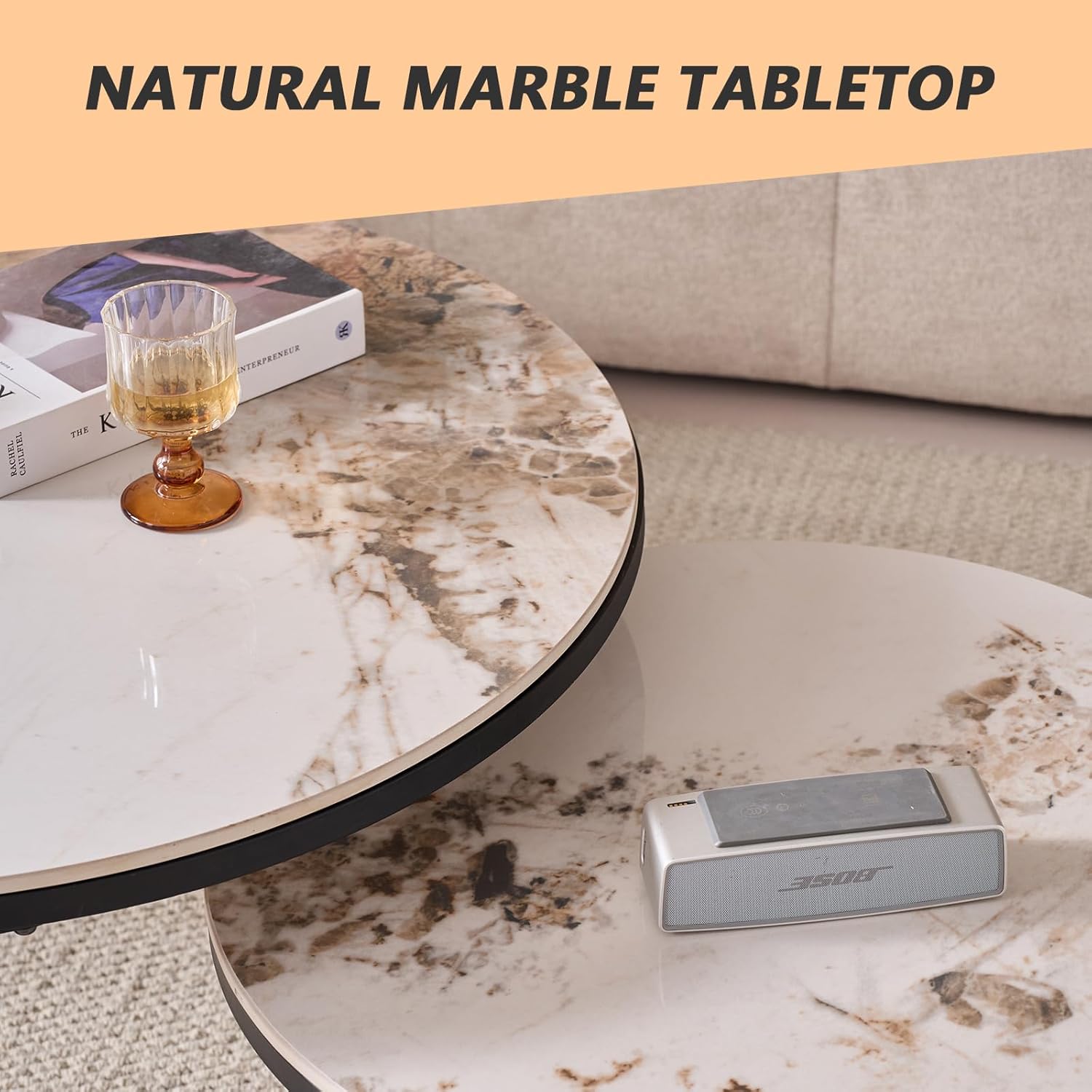 2er-Set Runder Couchtisch, Pandora Sinterstein Wohnzimmer-Beistelltisch, Nordischer Couchtisch – Schwarzer Metallrahmen