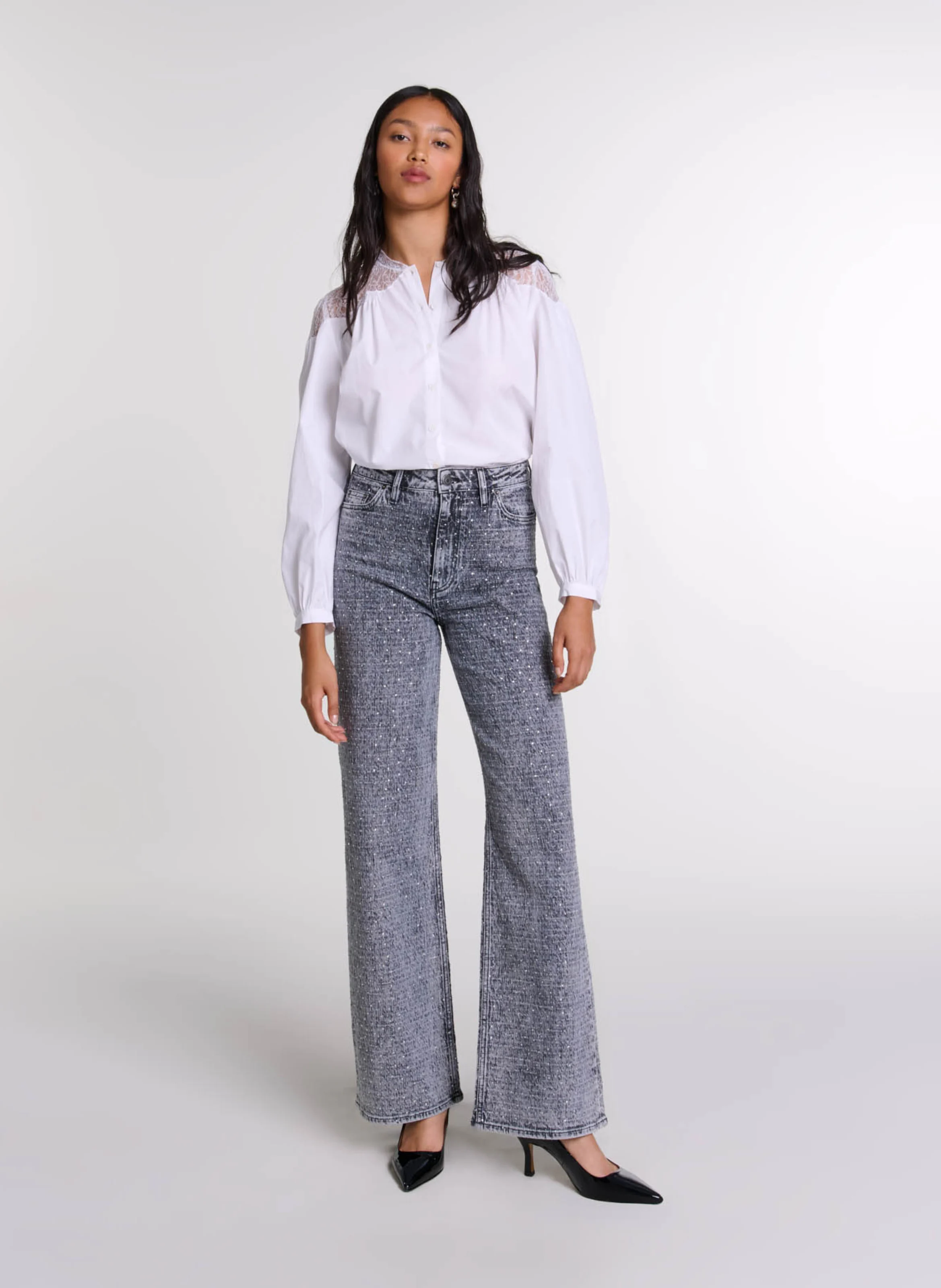 Jean à strass en coton mélangé | Gris