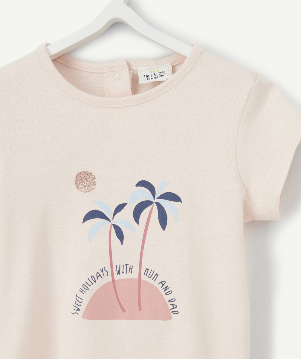 T-SHIRT BÉBÉ FILLE EN COTON BIO ROSE PÂLE AVEC PALMIERS