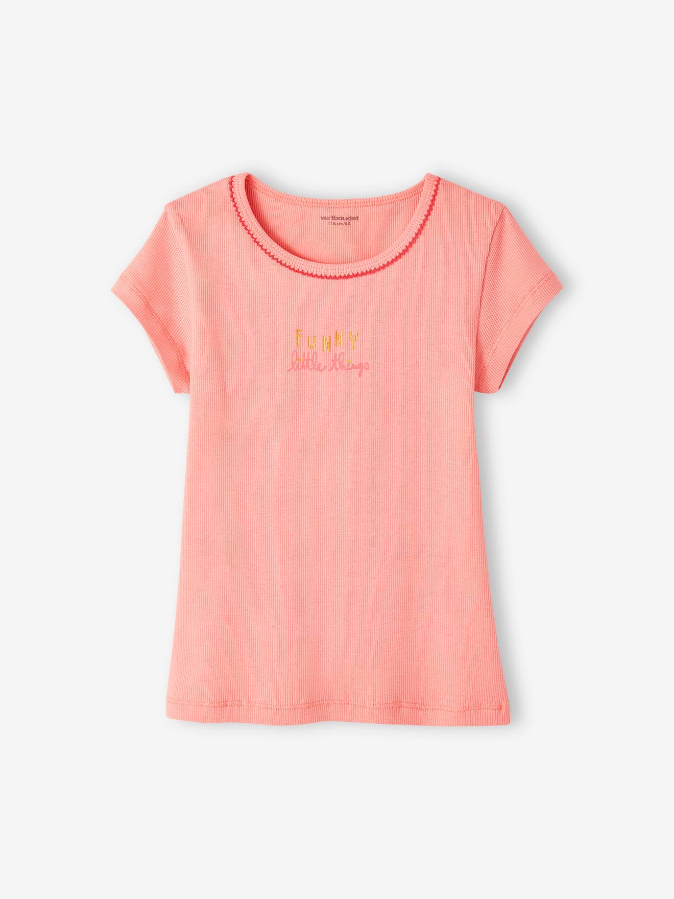 Conjunto de 3 camisetas de manga curta caneladas com estampas de fantasia para meninas na cor nude.