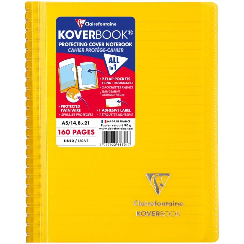 Carnet reliure intégrale enveloppante Koverbook A5 160 pages ligné couverture polypropylène transparent - Assortis