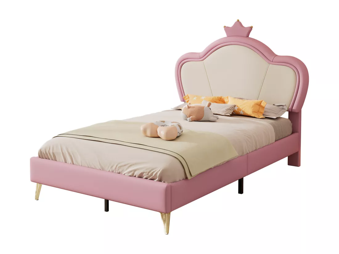 Lit enfant 90x200cm en similicuir - design unique - Rose & Blanc