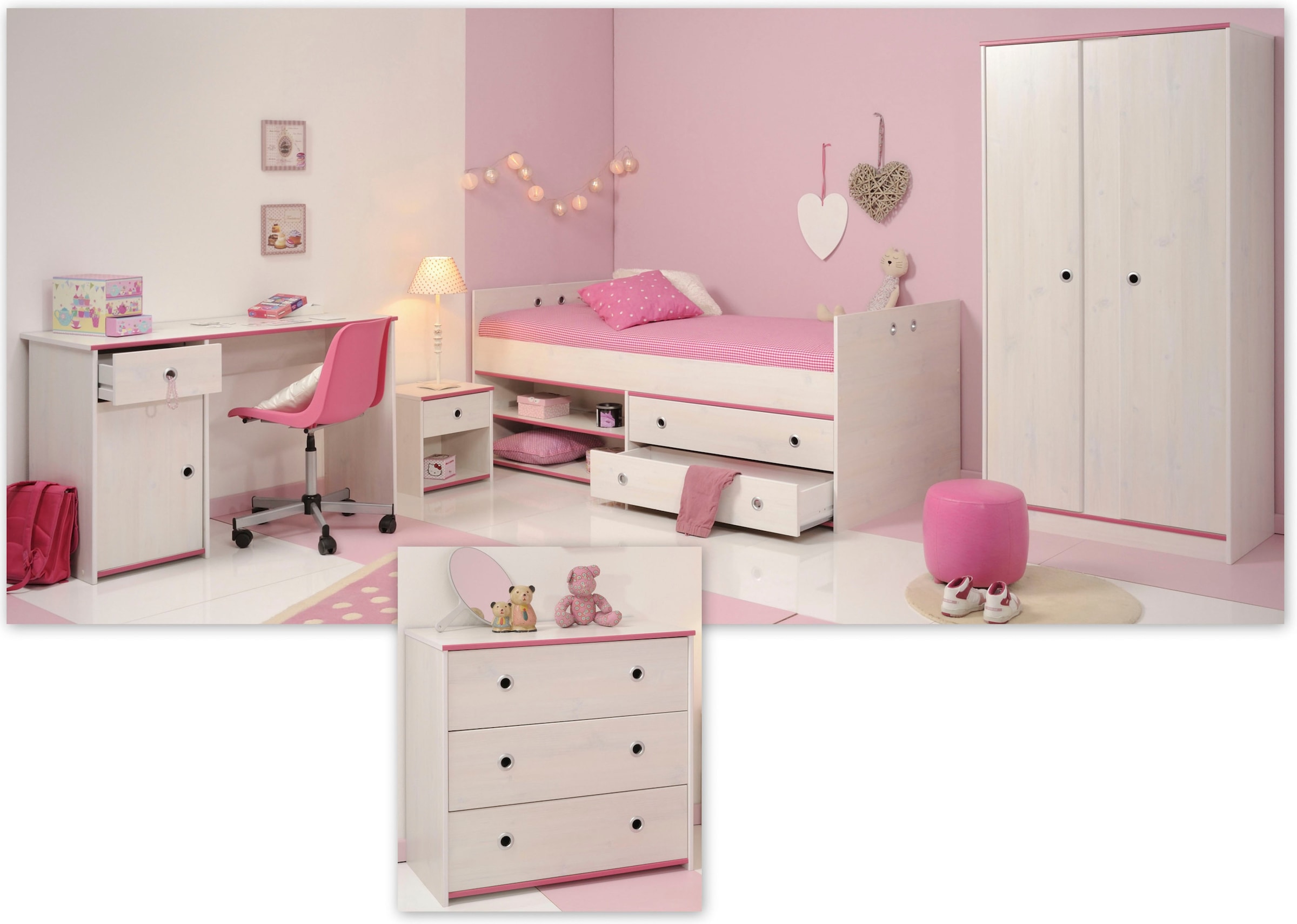 Parisot Jugendzimmer-Set »Smoozy« Set, Stauraumbett, Nachttisch, Kleiderschrank, Schreibtisch und Kommode, 5 Stk. tlg.