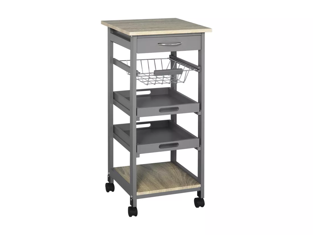 Chariot de service desserte de cuisine à roulettes panier + 2 plateaux amovibles, tiroir, étagère MDF chêne clair bois pin gris
