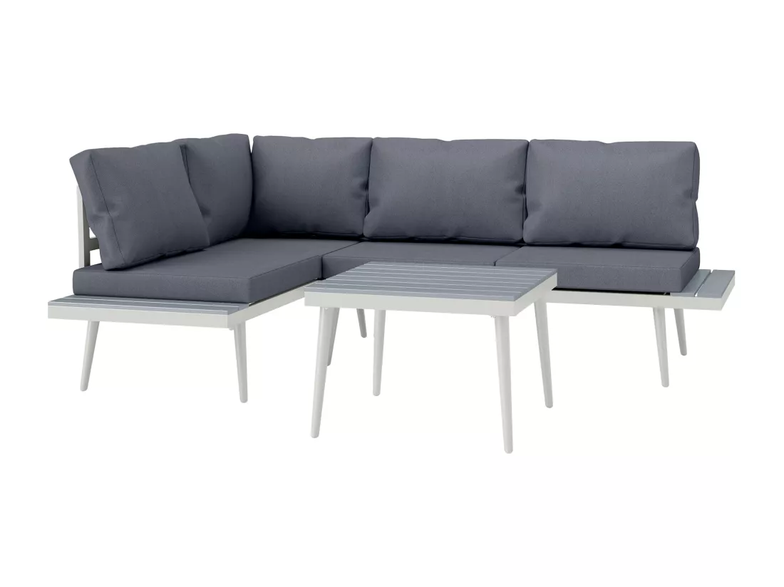 Ensemble salon de jardin modulable 4 personnes 3 pièces design métal crème coussins gris