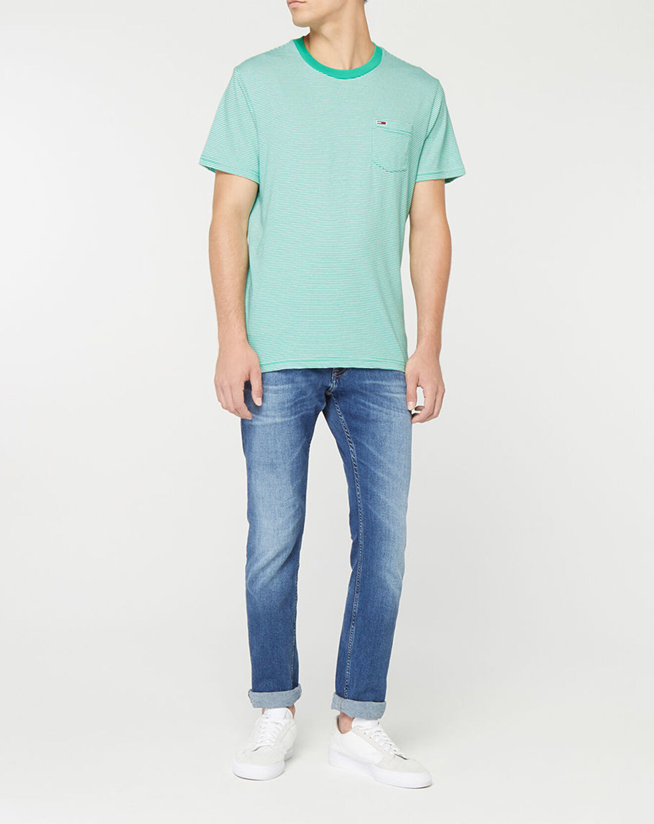 Tommy Jeans T-Shirt 100% Coton Bio Pocket à fines rayures vert/blanc