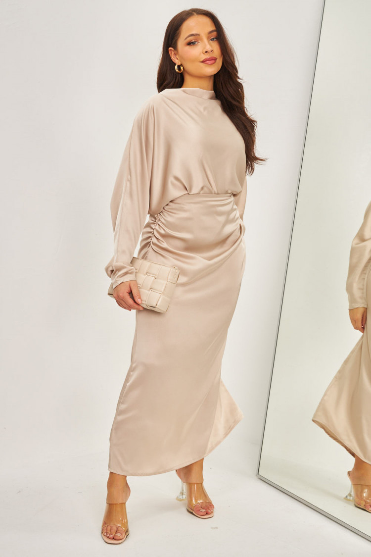 Ensemble 2 pièces blouse + jupe satiné beige