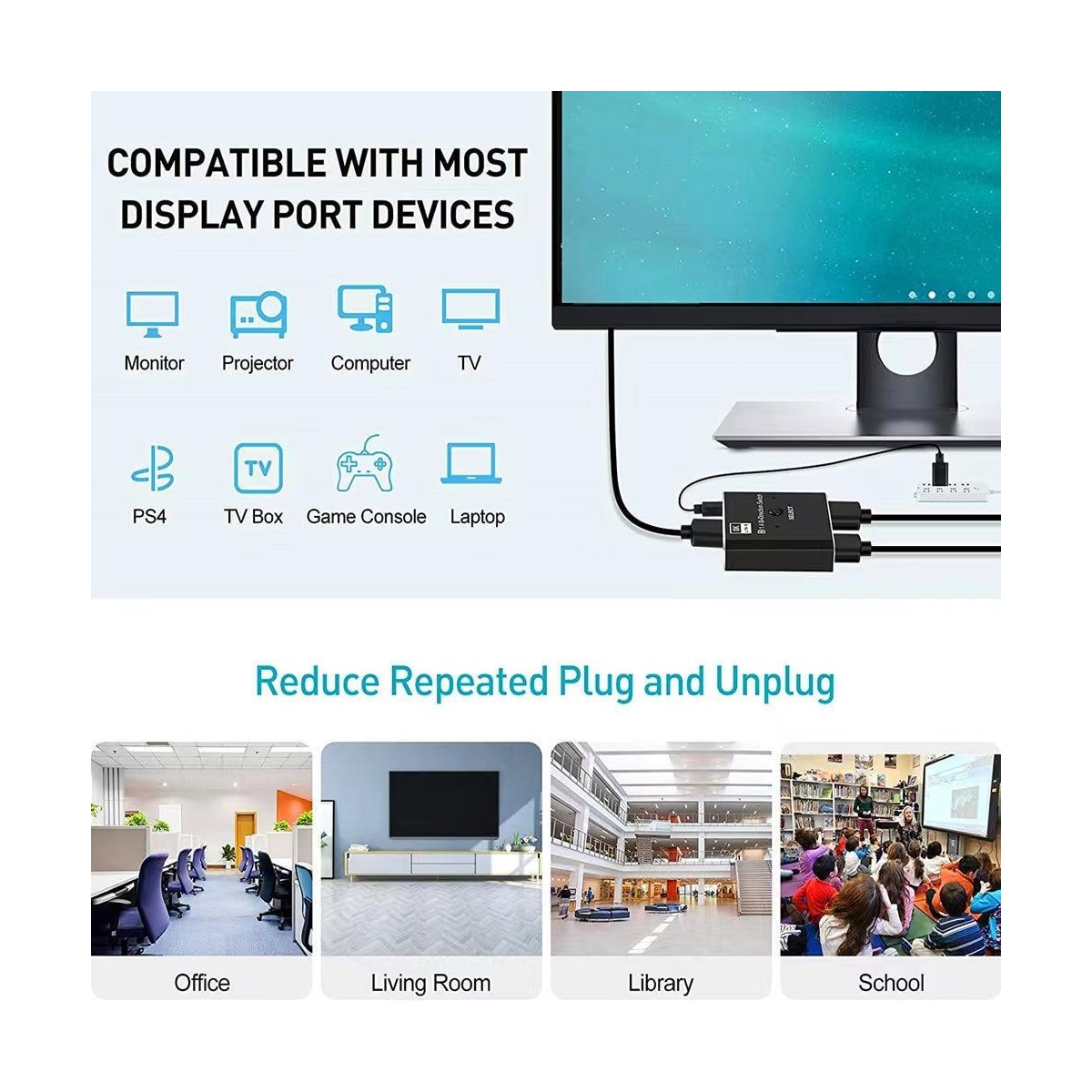 NÖRDIC 8K30Hz Displayport-svitsj 2 til 1 og splitter 1 til 2, 4K120hz