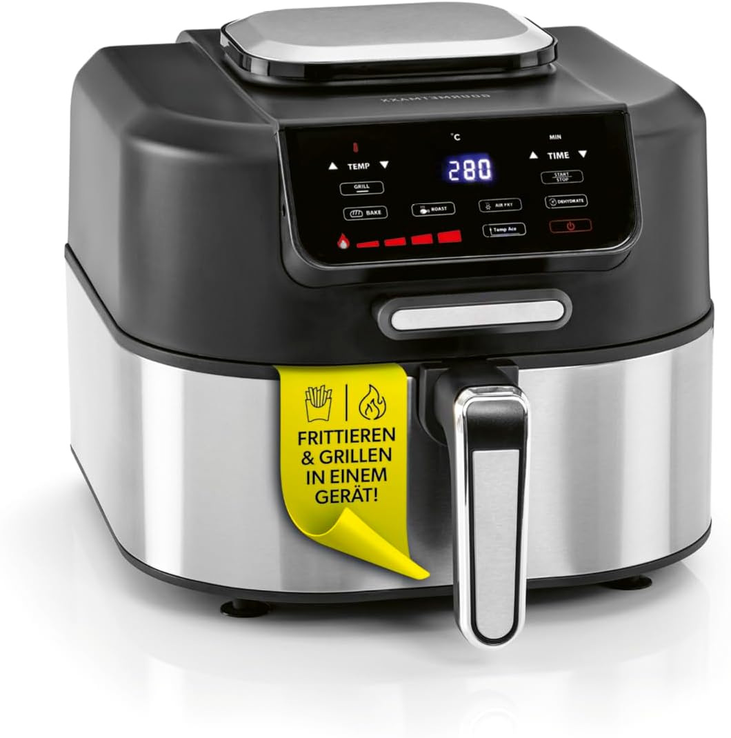 GOURMETmaxx Heißluftfritteuse FryBBQ | Airfryer mit Ober-/Unterhitze | 5 L Multikocher Heissluftfritteuse mit 5 Modi inkl. Dörren | 2in1: Fritteuse & Grill – mit Aludruckguss-Rost & Grillthermometer