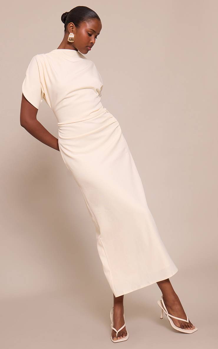 Crème Robe Maxi Ajustée Tissée À Manches Courtes