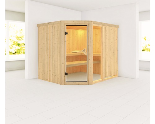 Elementsauna Karibu Siona 3 zonder oven en dakkroon met gebronsde volledig glazen deur