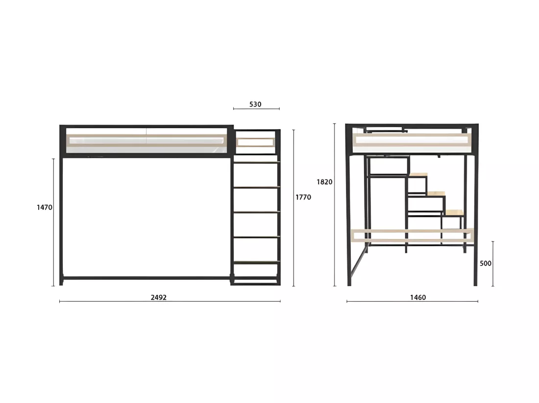 Lit mezzanine - 140x190 cm - Métal - Noir - Sommier inclus - LEON