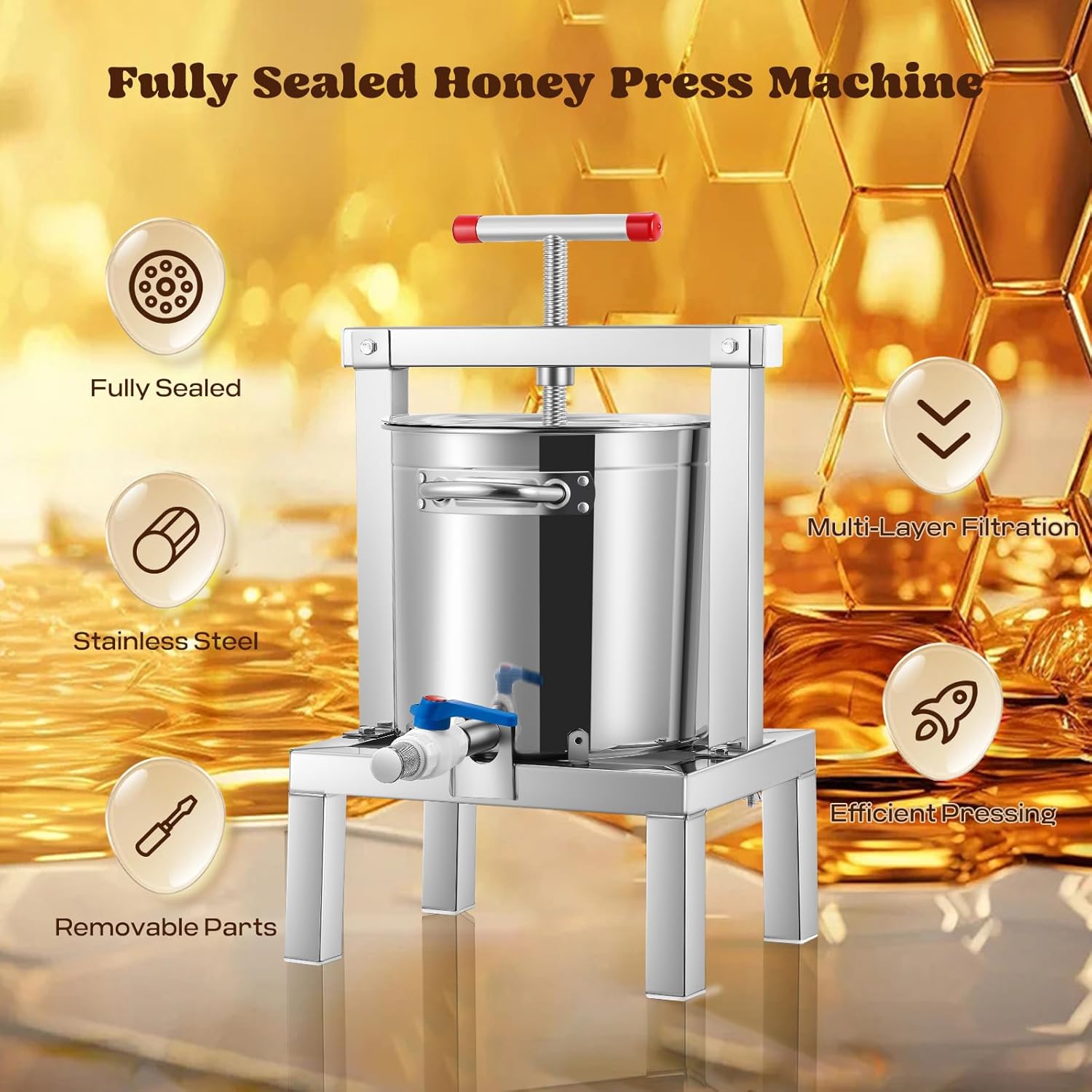 Moongiantgo 10L Manuelle Honigpresse Extraktor, Obst- Und Weinpresse Aus Edelstahl Mit T-Förmigem Griff, Vollständig Geschlossen, Mehrfache Filtration, Abnehmbar Für Honig, Saft, Wein, Cider (10L)