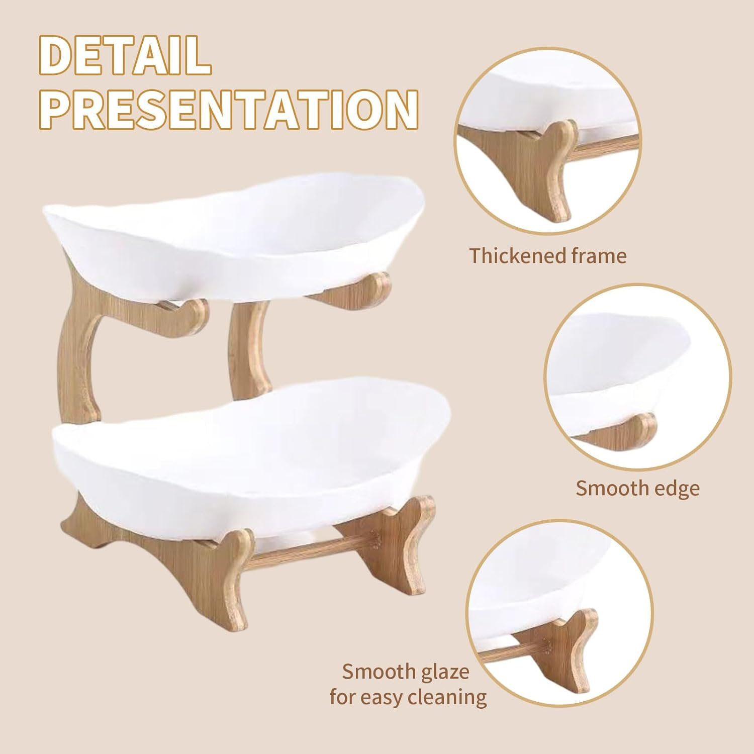 2 Etagen Keramik Etagere Tisch Deko Bambus Ständer Servierständer für Früchte / Nüsse / Süssigkeiten - Weiss
