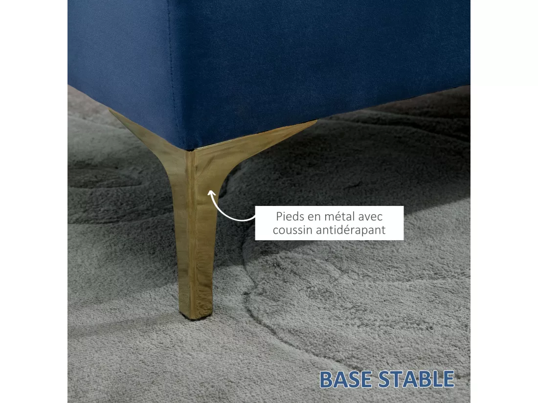 Banc banquette capitonnée style classique chic dim. 118L x 45l x 42H cm piètement métal doré velours bleu roi
