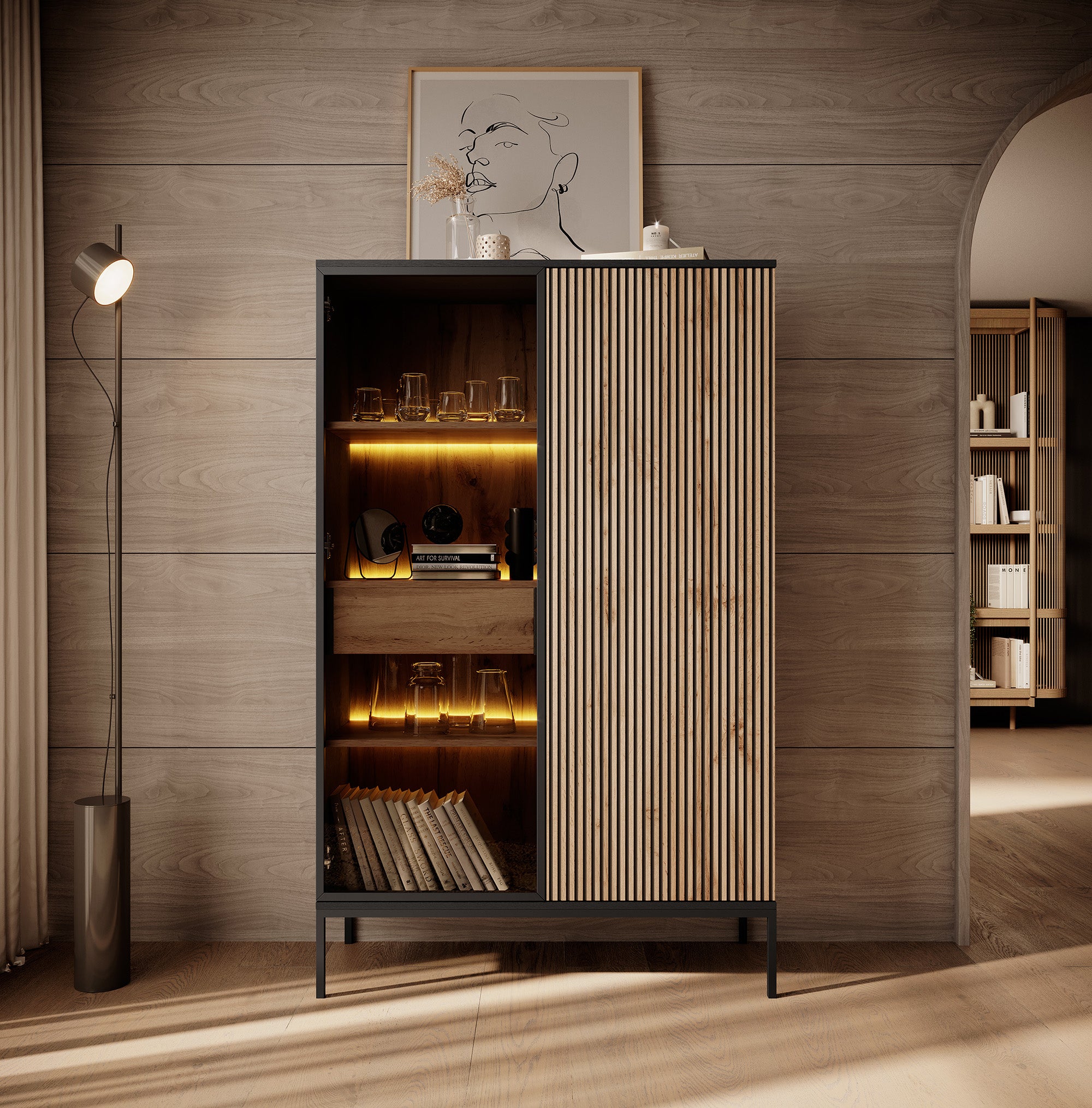 Legend - Vitrinekast - Zwart/eiken - 104x39x166 cm