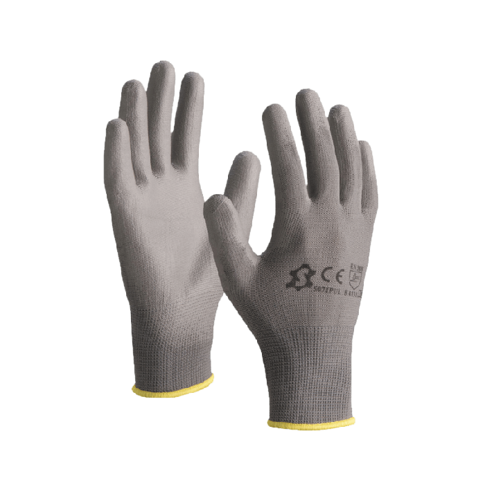 Polyester handschoen met PU coating grijs maat 8 per paar (6151802385377)
