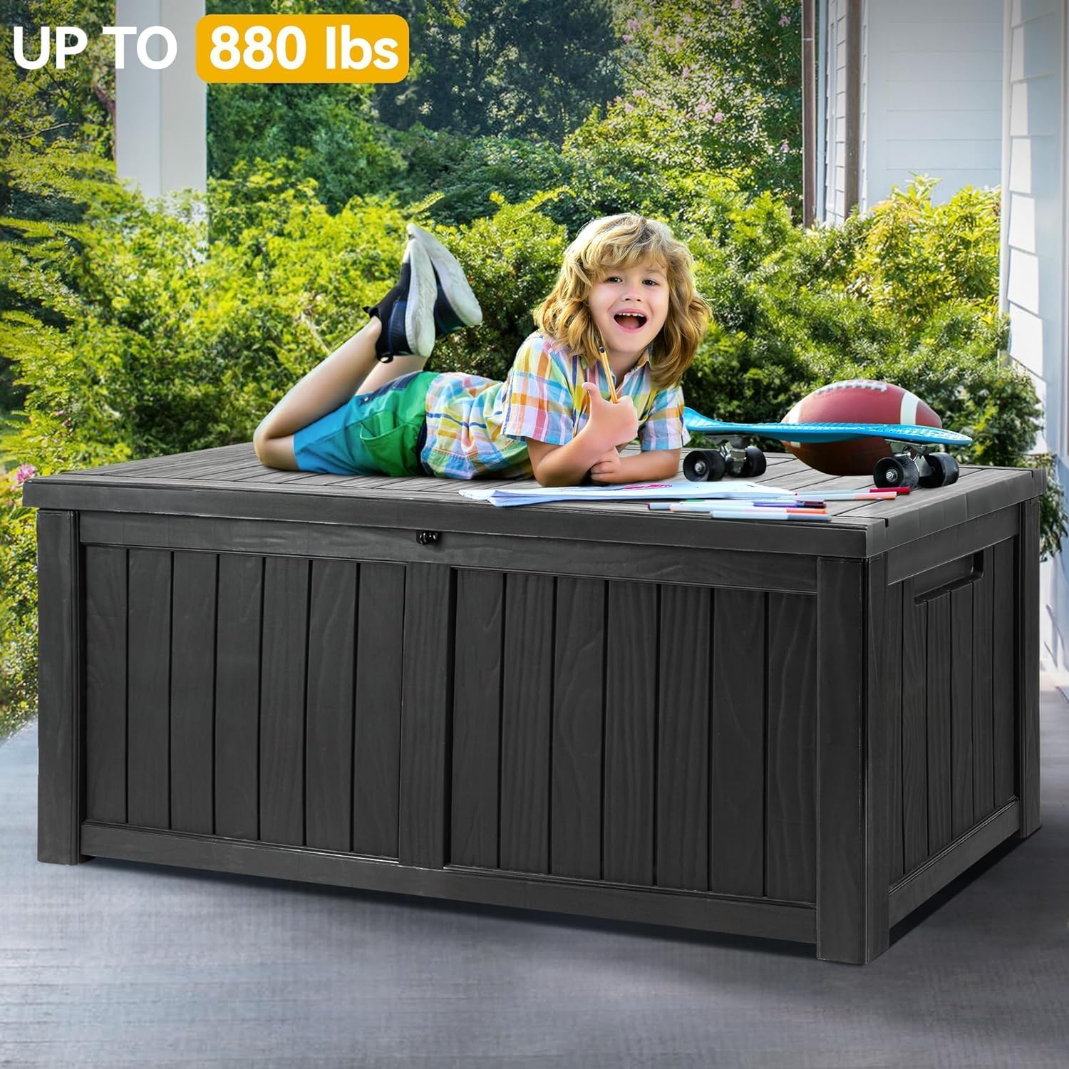 EAZILIFE 430L Garden Storage Box Outdoor Indoor Plastic Store Box/Bench Seat for Cushions, Toys, Games, DIY Pool Equipment - 125x56x61 Dark Grey Heavy Duty