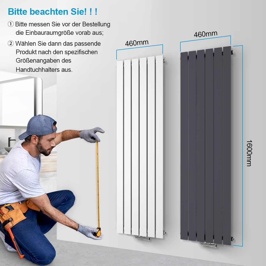 Heilmetz Heizkörper Flach 1600 x 460 mm Weiß Design Paneelheizkörper mit Mittelanschluss Einreihig Vertikal Badheizkörper