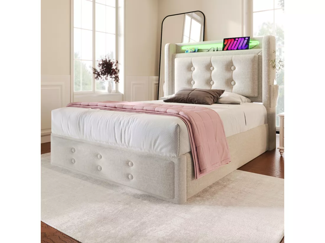 Lit coffre 90 x 200 cm avec tête de lit LED, prise USB Type-C - Tissu en coton - Beige (sans matelas)