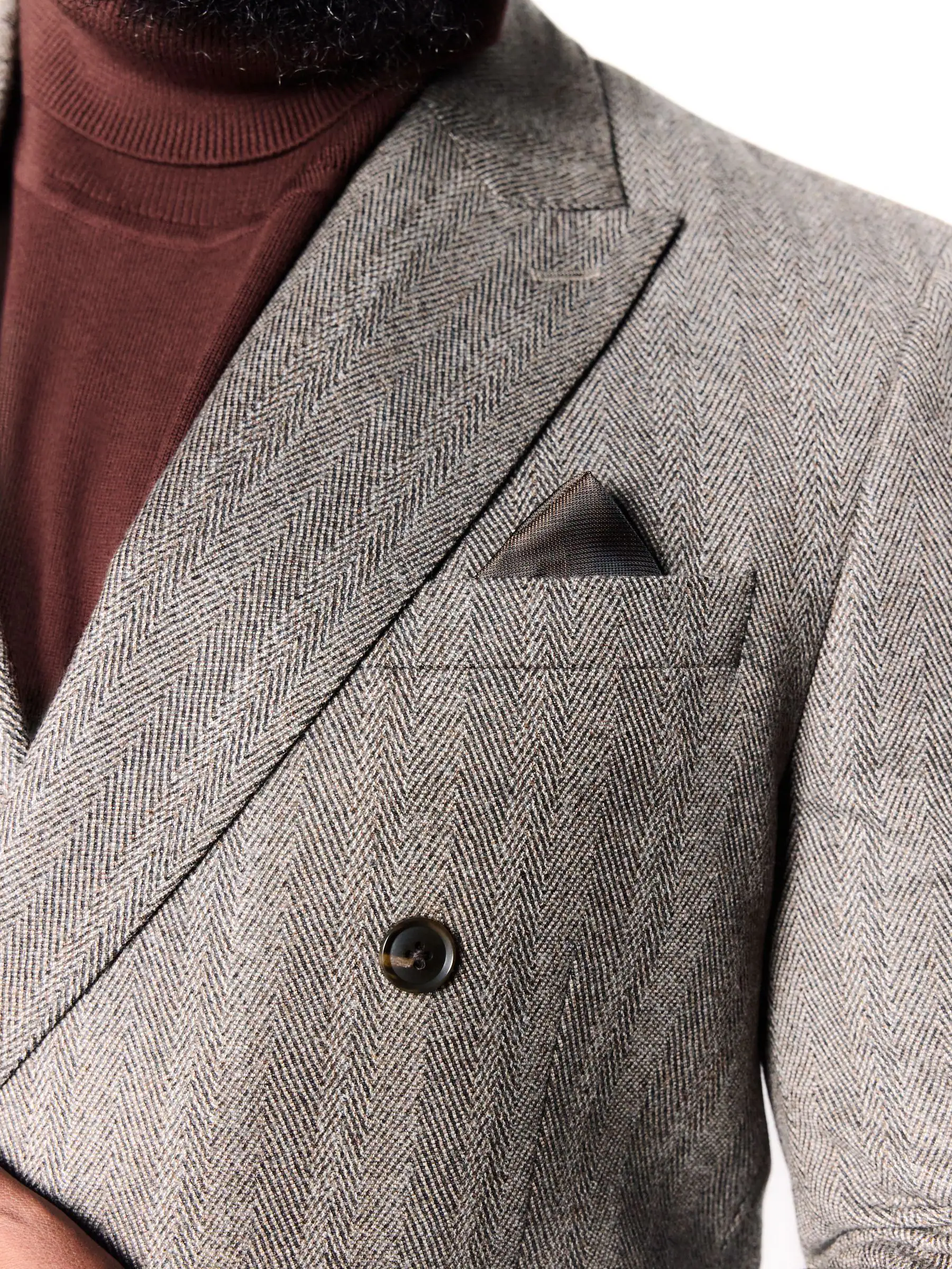 Taupe bruin - Double Breasted Signature Marzotto 100% Italian Wool Herringbone Suit Jacket