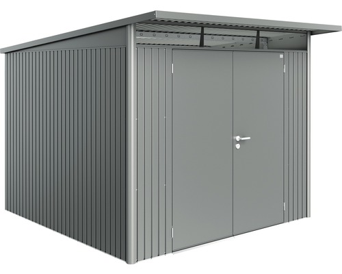 Biohort AvantGarde tuinhuis met dubbele deuren, formaat A7, inclusief plank en gereedschapshouder, 260 x 300 cm, kwartsgrijs metallic