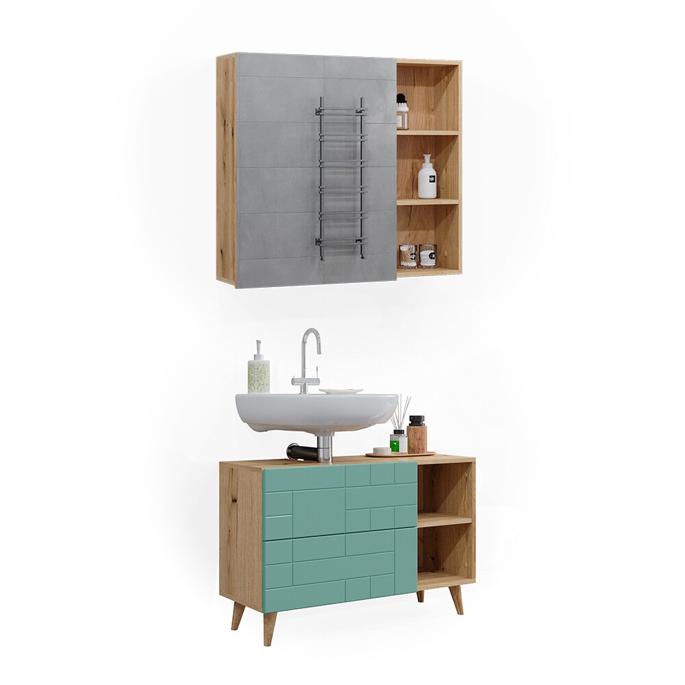 Vicco Badmöbel-Set Rudi in Eiche Evoke Mintgrün, Badezimmer, moderne Badserie Waschbeckenunterschrank Spiegelschrank