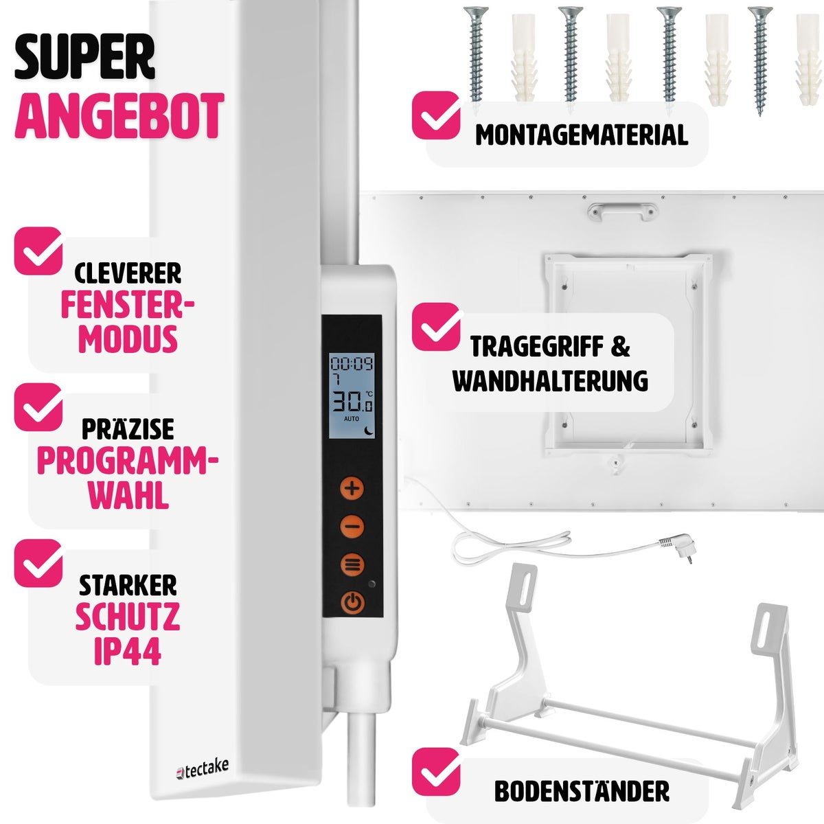 tectake frameloze infraroodstraler met thermostaat, eenvoudige wand- of plafondmontage, inclusief standaard