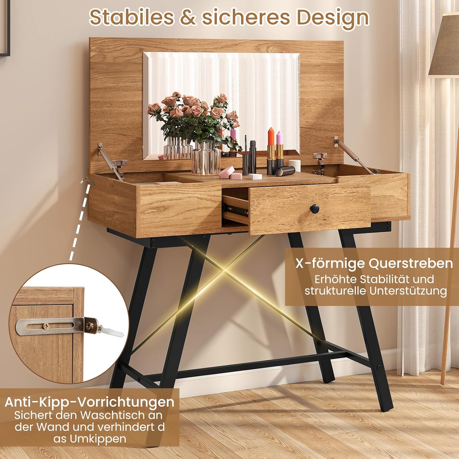 COSTWAY Schminktisch mit großem Spiegel, Ladestation, 6 Aufbewahrungsfächern, Klappdeckel und Schublade, Kosmetiktisch rustikal, Schreibtisch für Schlafzimmer, Ankleidezimmer (Natur)