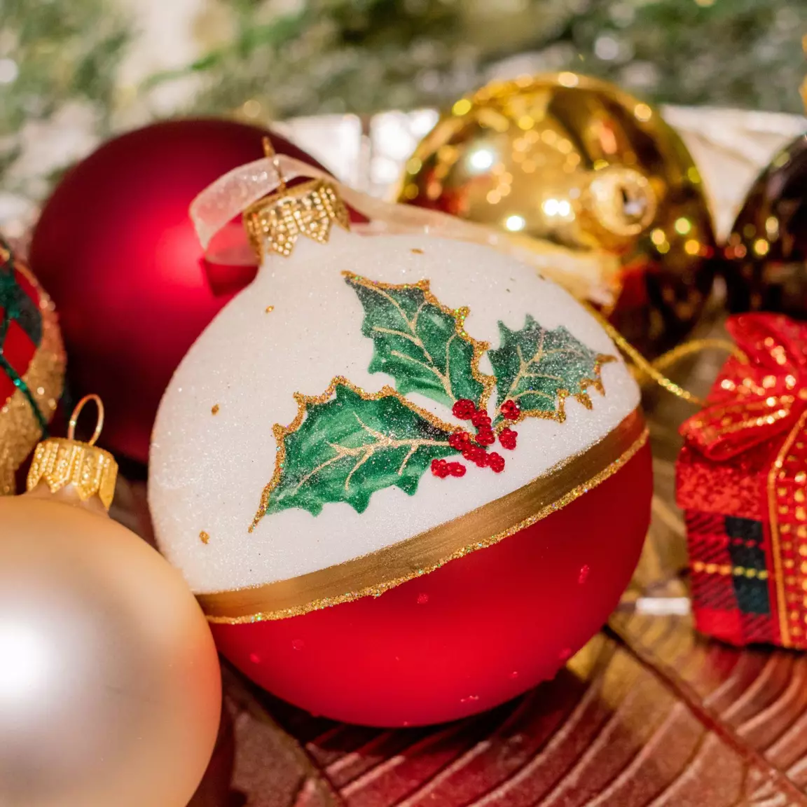 Lot de 6 boules de Noël en verre (D80 mm) Houx Rouge